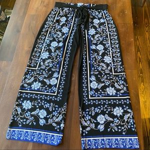 INC Blue and Black Scarf Print Wide-Leg Pants, size Large